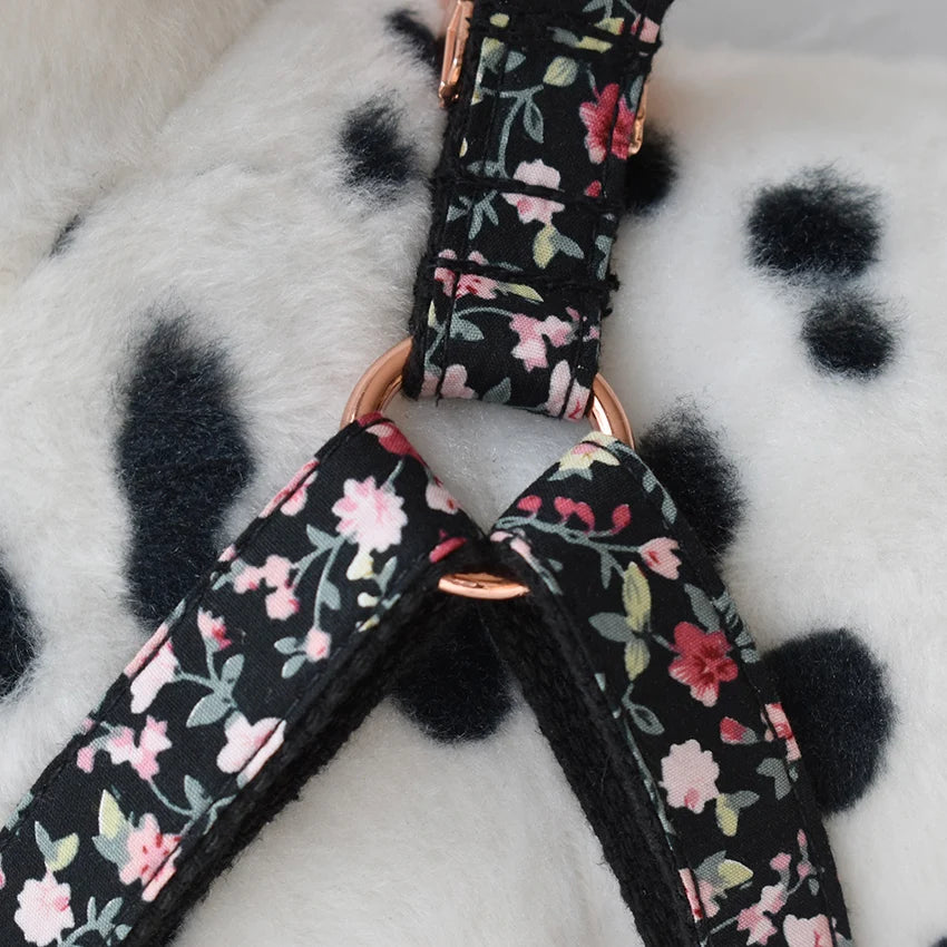 Black Floral Custom Dog Harness with Engraved ID Tag