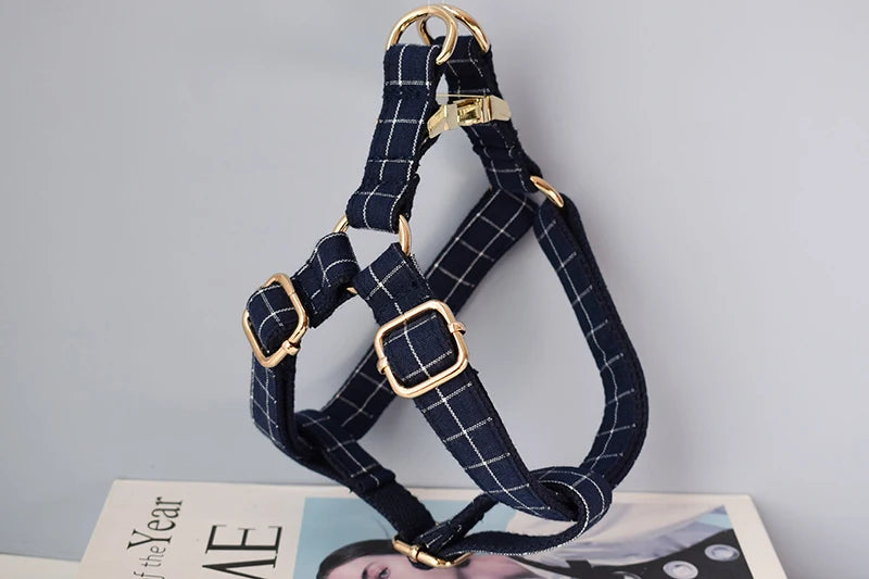 Comfortable Nylon Dog Harness - Deep Blue Plaid with Quick Release