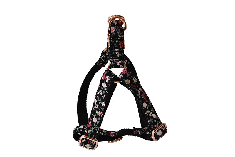 Black Floral Custom Dog Harness with Engraved ID Tag