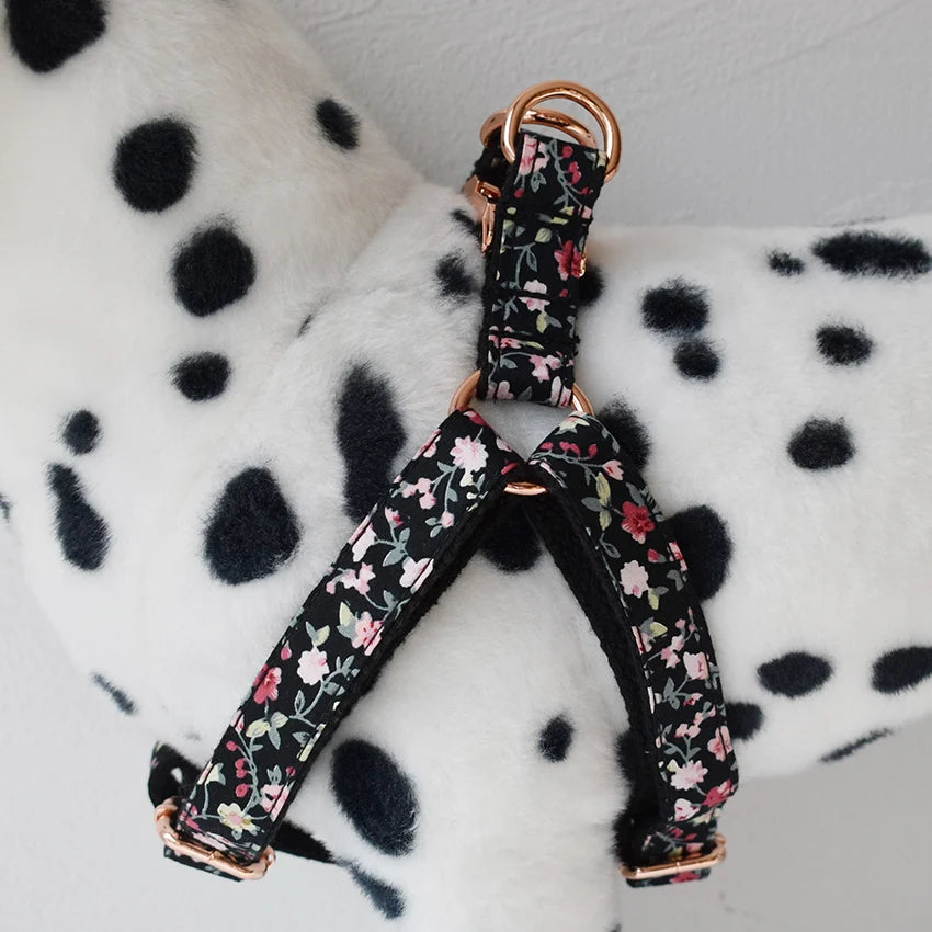 Black Floral Custom Dog Harness with Engraved ID Tag