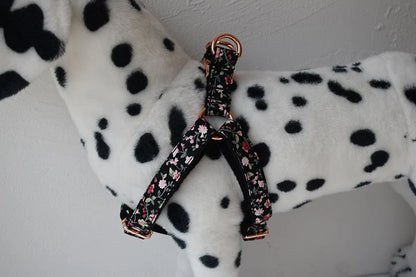 Black Floral Custom Dog Harness with Engraved ID Tag