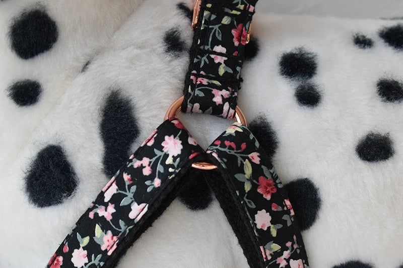 Black Floral Custom Dog Harness with Engraved ID Tag